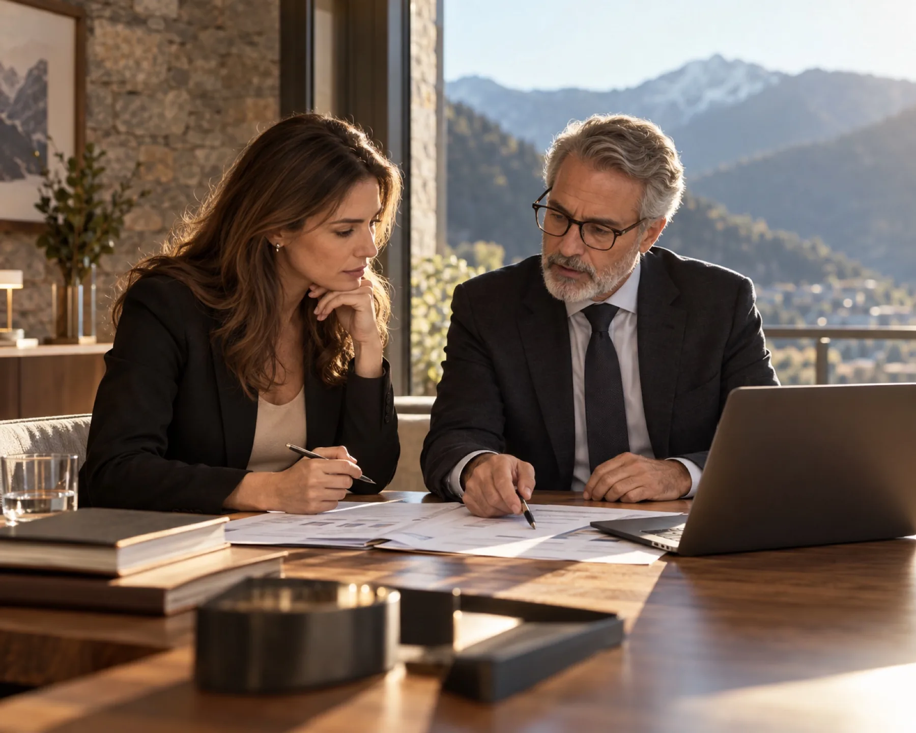 Une entrepreneuse étudie son projet fiscal avec un conseiller en Andorre Une entrepreneuse étudie son projet fiscal avec un conseiller en Andorre